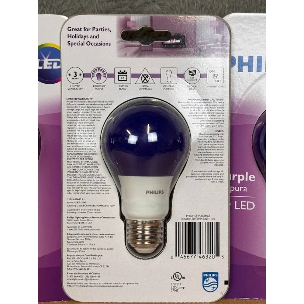 Philips 8W Purple LED Light Bulbs A19 E26 Medium Base 5 Pack 9290012240 New